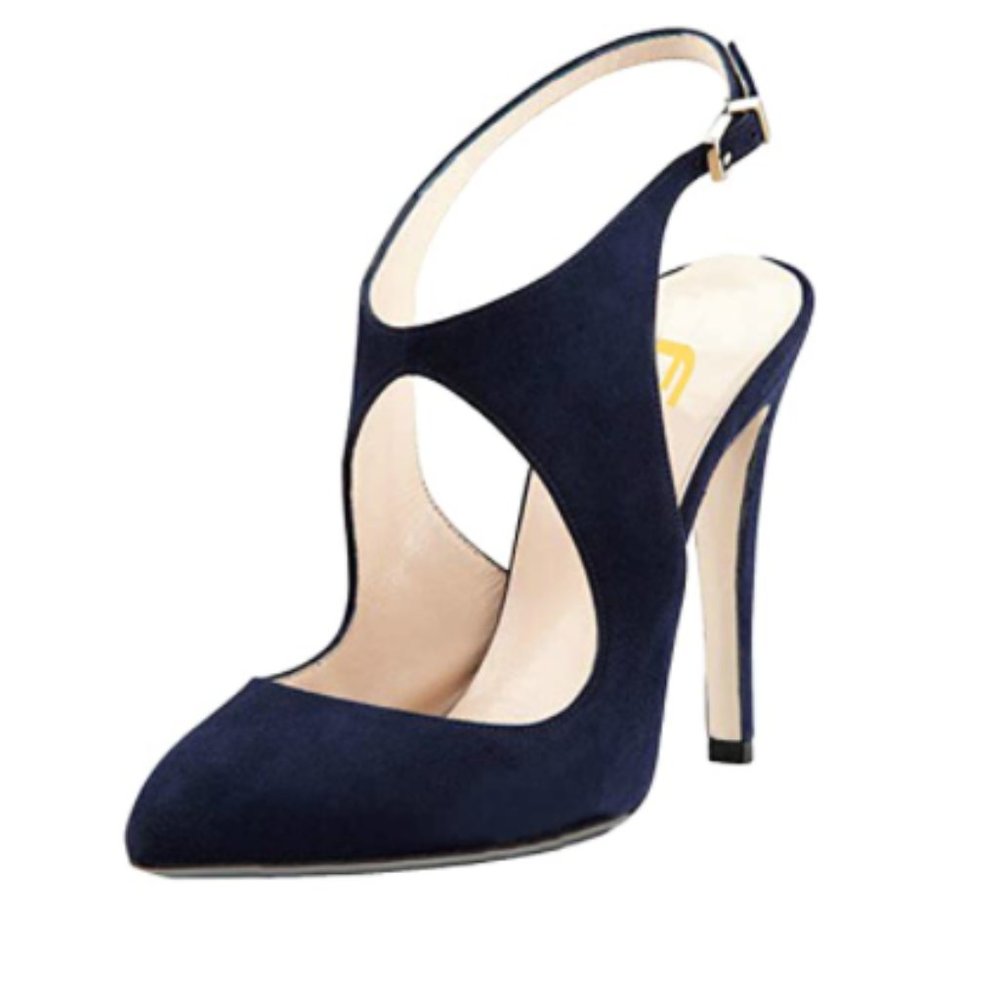FSJ Navy Stiletto High Heels Pointed Toe Buckle Slingback Pumps